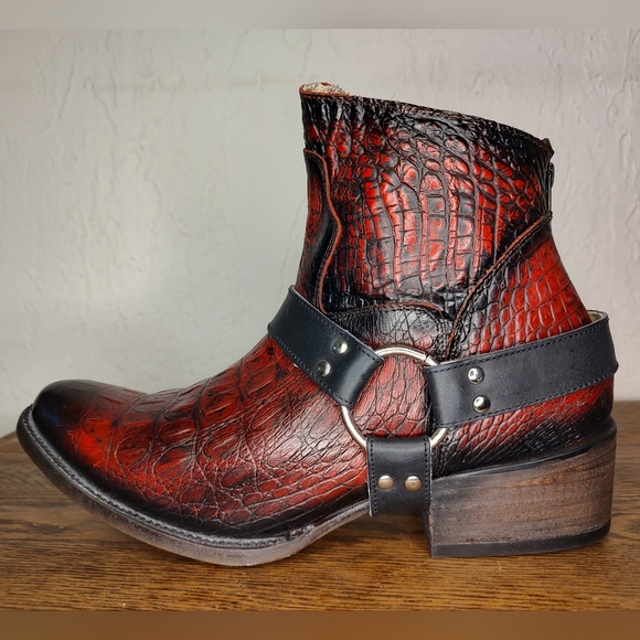 Freebird by Steven Santiago Red and Black Crocodile Motorcycle Ankle Boots - Picture 4 of 9